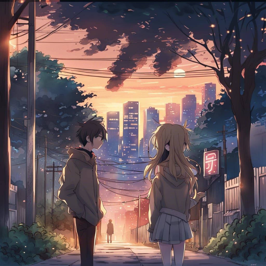 Anime Style Sunset Scene with Couple