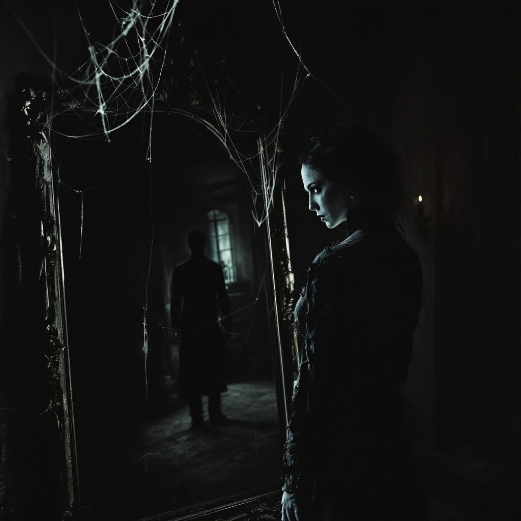 Eerie Reflection: Woman in Haunted Den, Beksiński Style