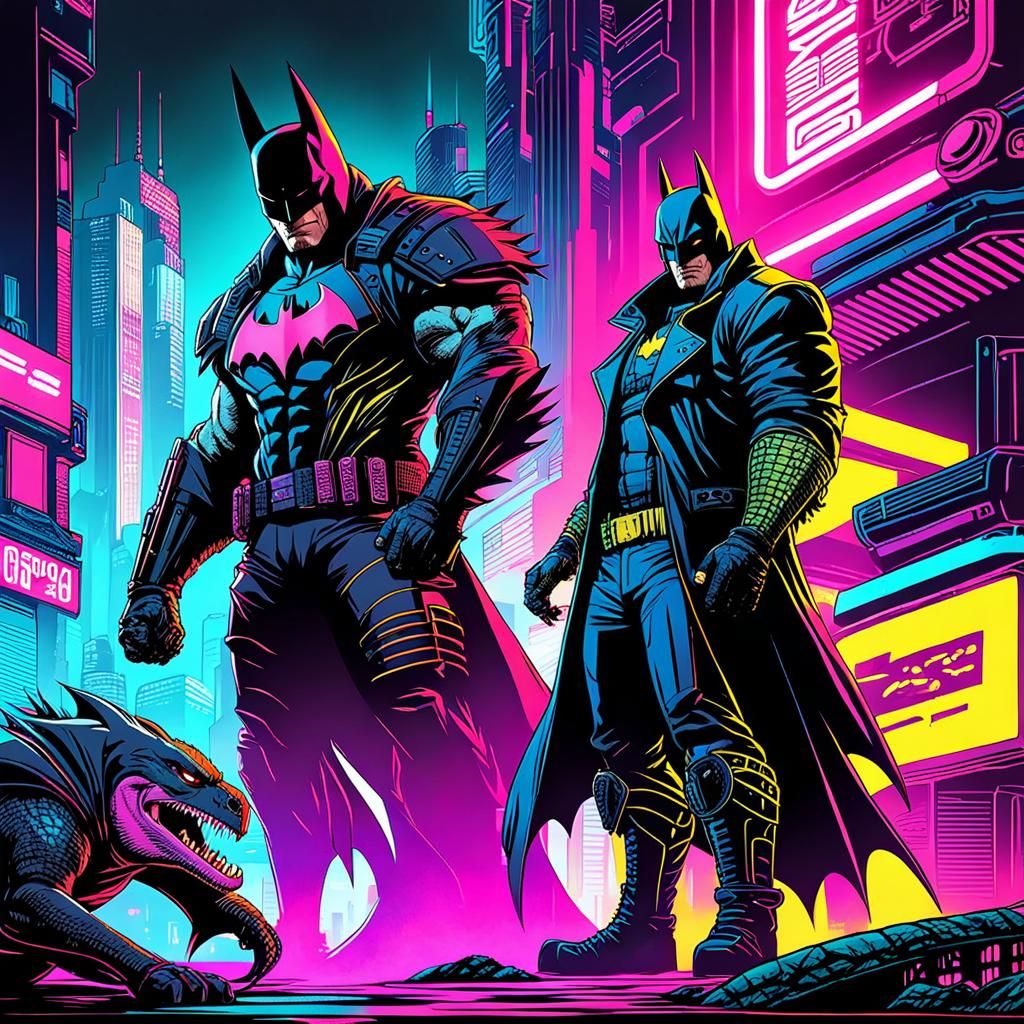 Cyberpunk Batman vs Killer Croc in Neon City