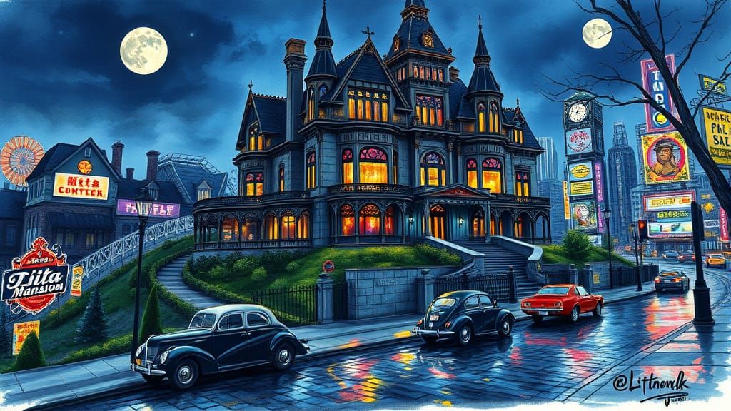 Victorian Mansion Over Cyberpunk City as Impasto Painting