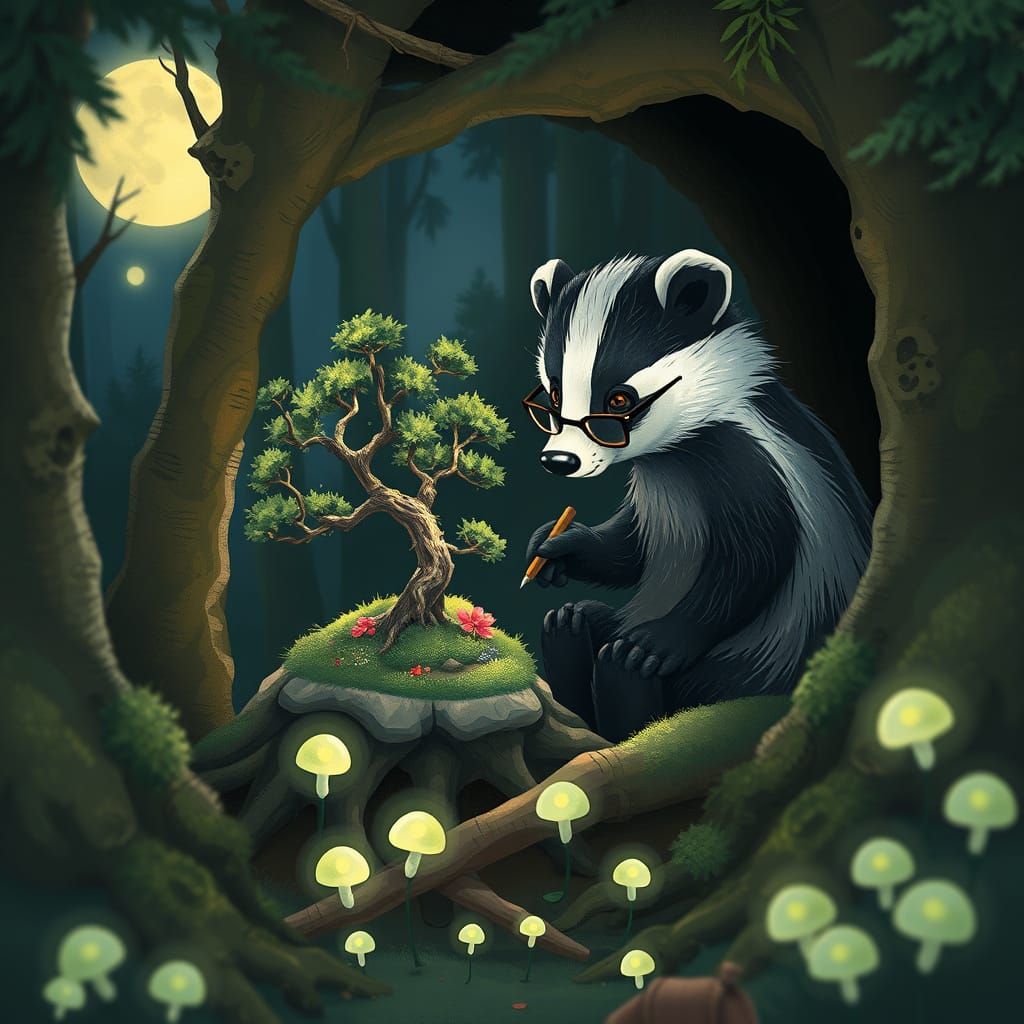 Badger Tends Secret Moonlight Bonsai Garden