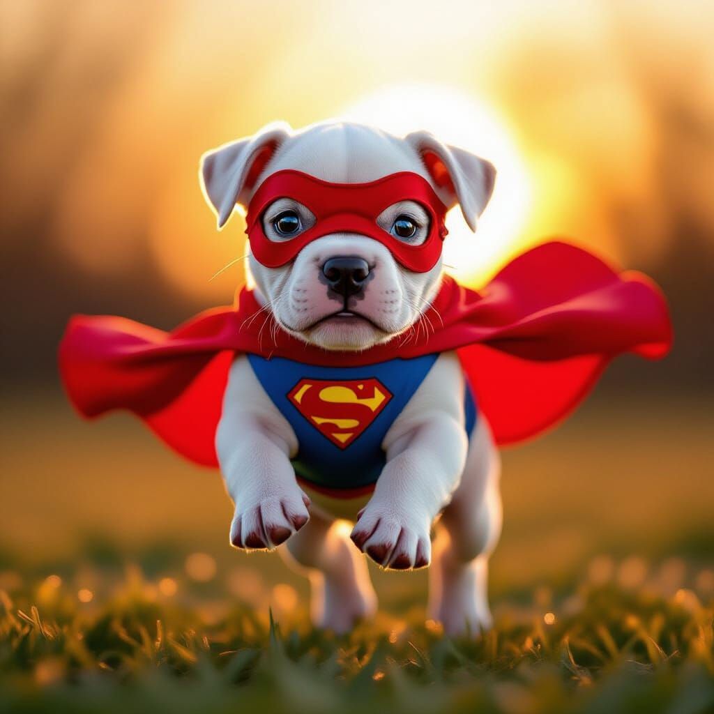 Adorable White Pitbull Puppy in Superhero Costume at Sunset