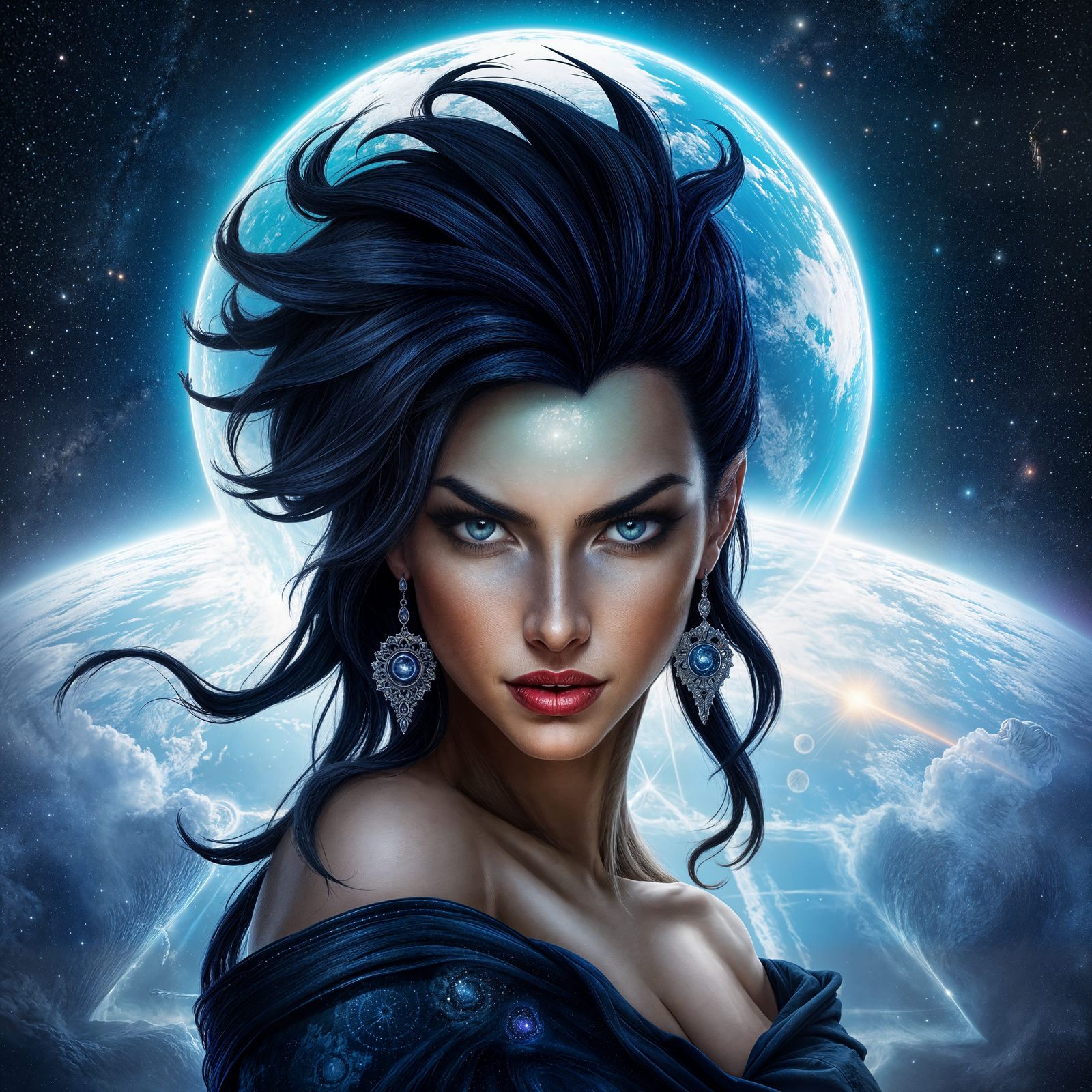 Fierce Woman with Blue Planet and Cosmos