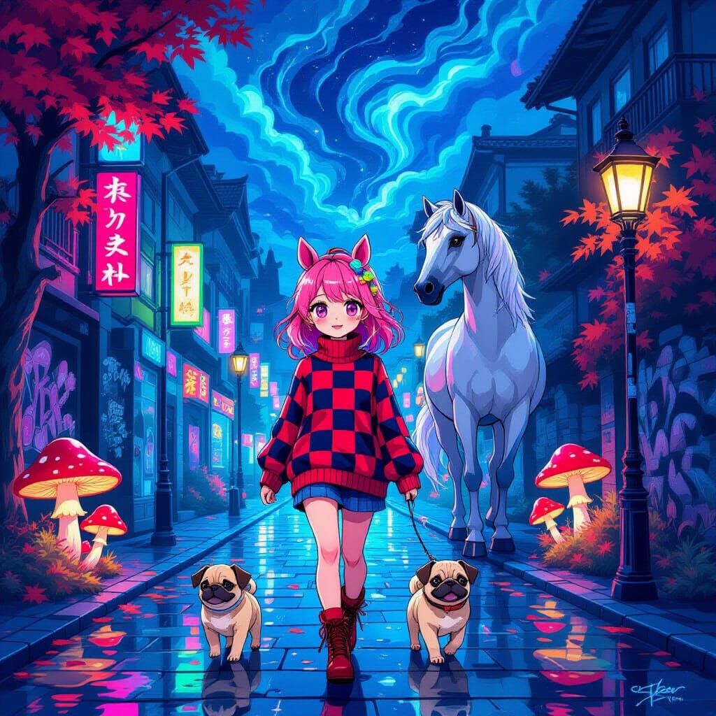Anime Girl with Pink Hair and Horse Ears on Neon Street