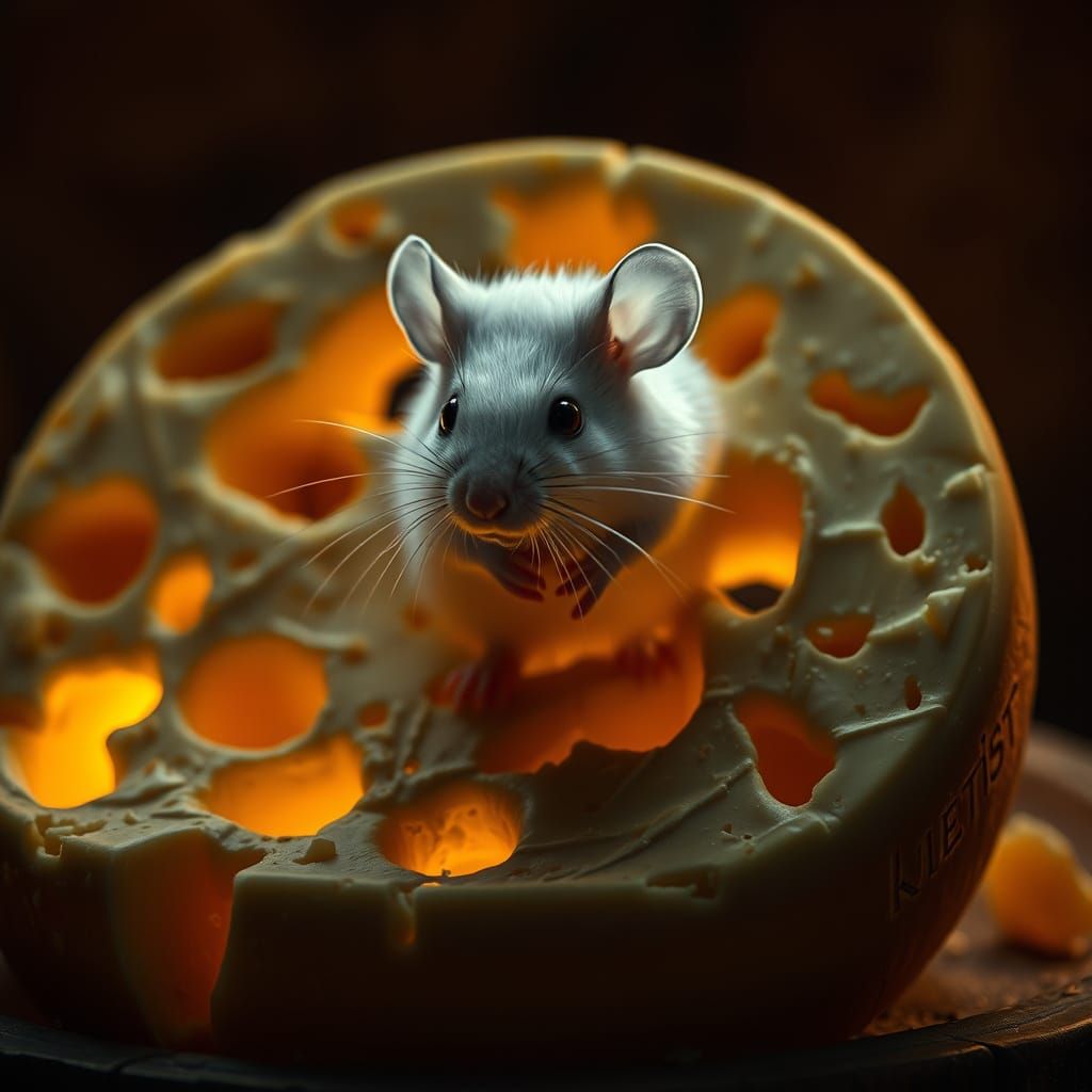 Whimsical Mouse on Intricately Carved Swiss Cheese in Moody ...