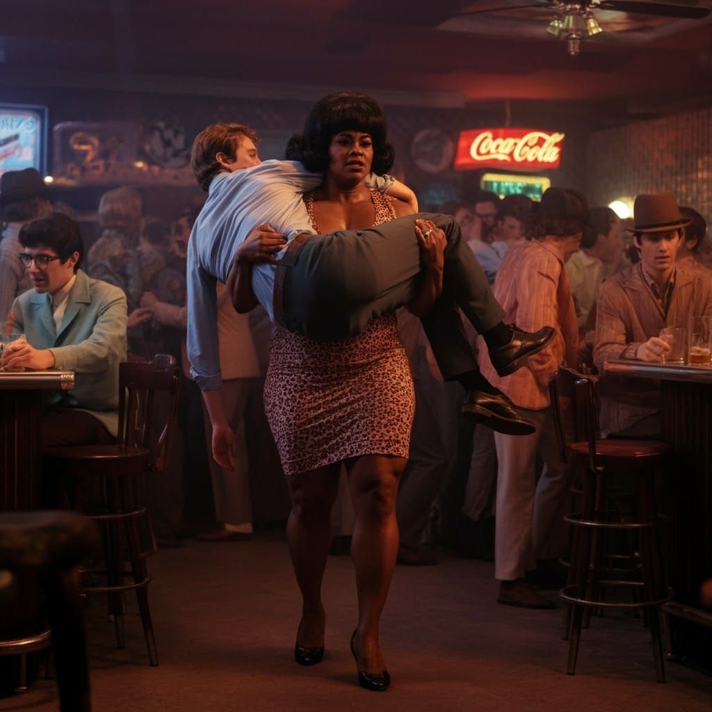 Curvy Woman Carries Man in 1960s Dive Bar