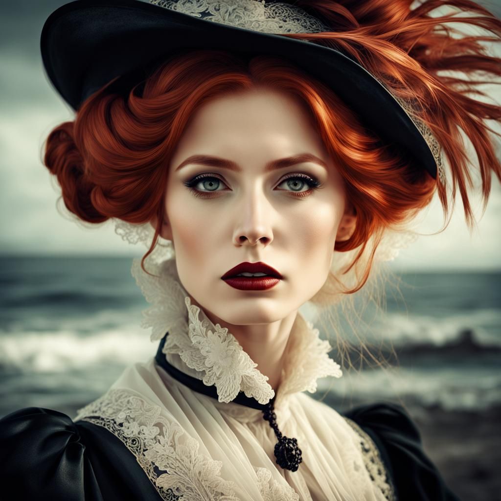Captivating Redhead in Bleak Victorian Coastal Scene