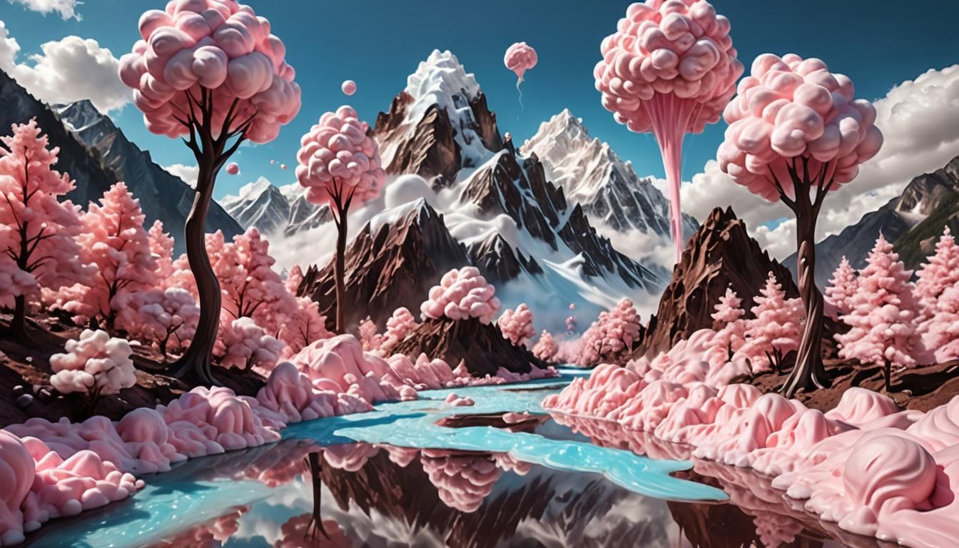 Surreal Cotton Candy Forest with Chocolate River