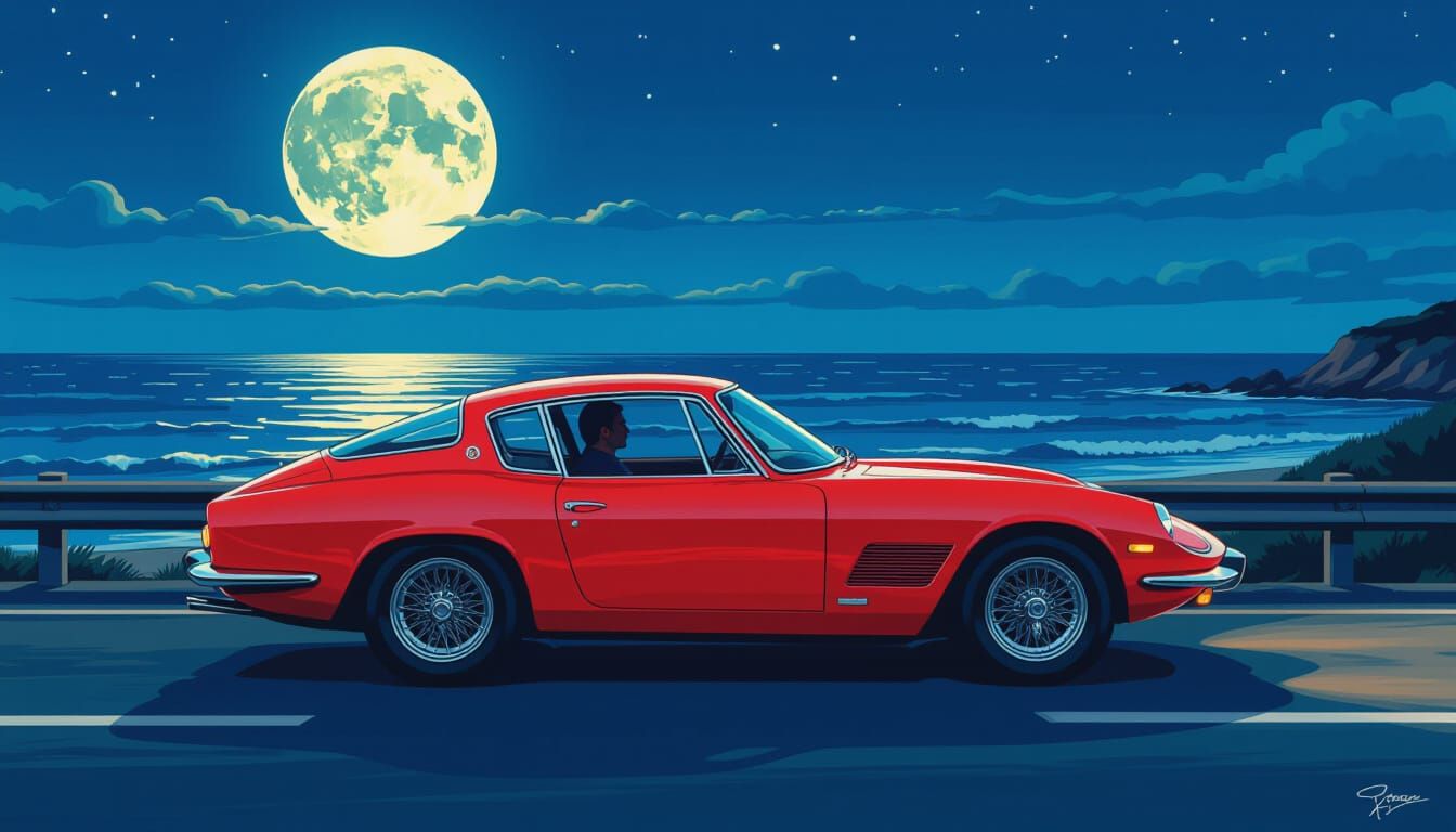 Crimson Maserati Mistral at Night: Comic Art