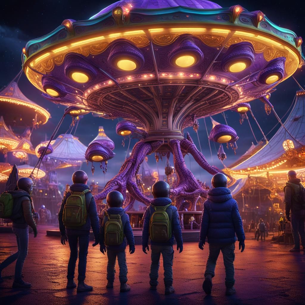 Alien Family at Night Carnival in Hyperrealistic 3D