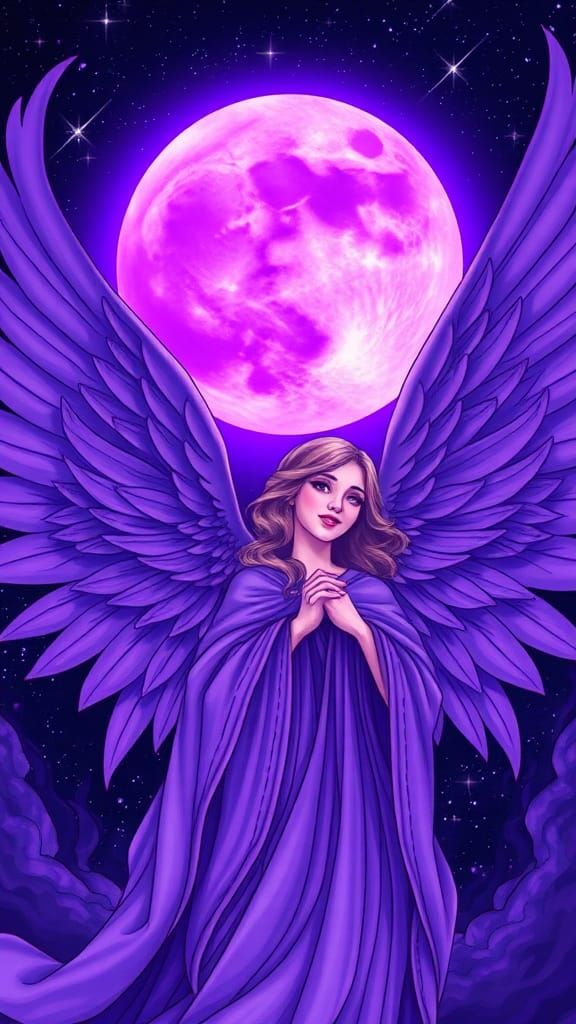 Maximalist purple angel smiling at a purple full moon