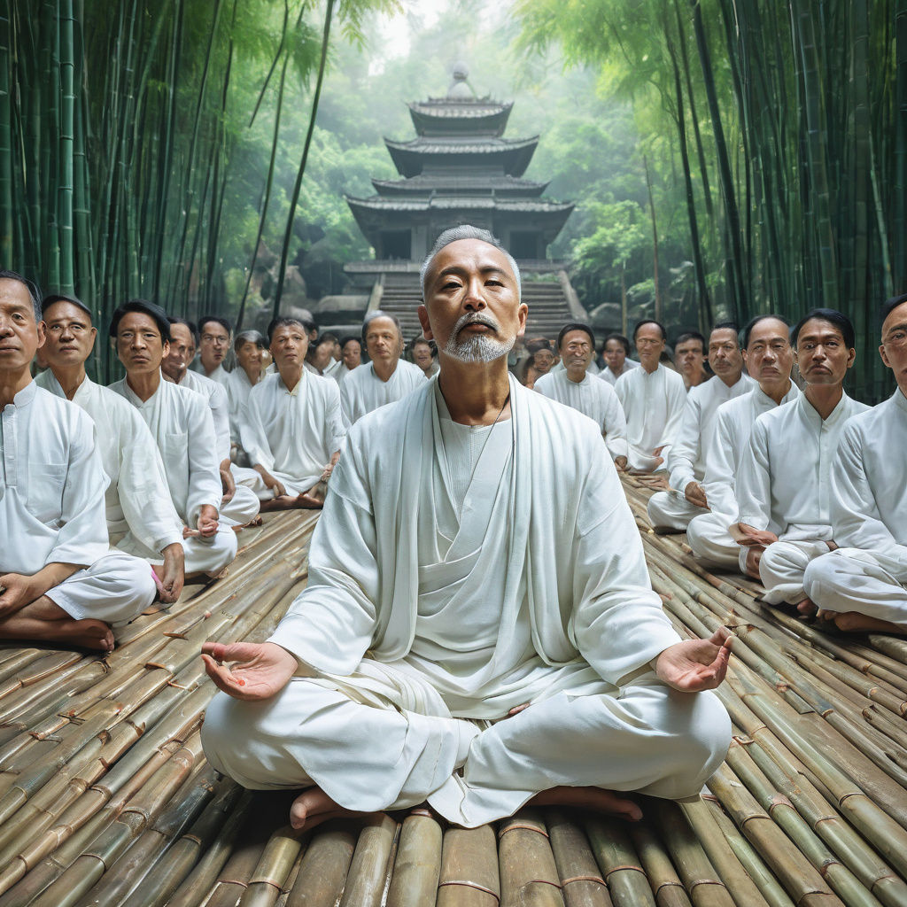 Spiritual Leader Surrounded by Devoted Followers in a Bamboo...