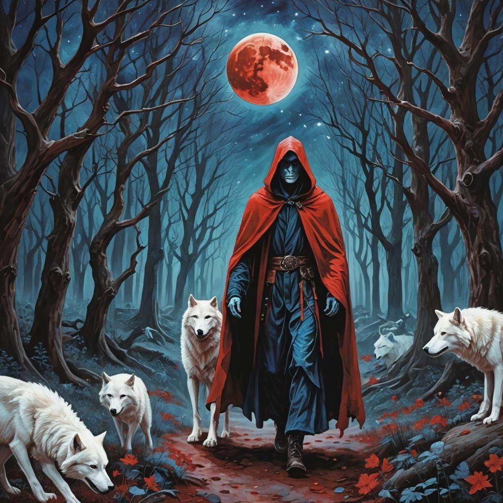 Mysterious Man and Wolf Under Blood Moon