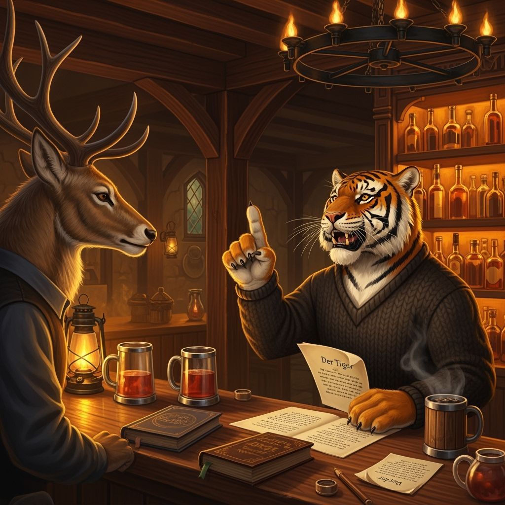 Anthropomorphic Tiger Recites Poetry in Mythic Tavern