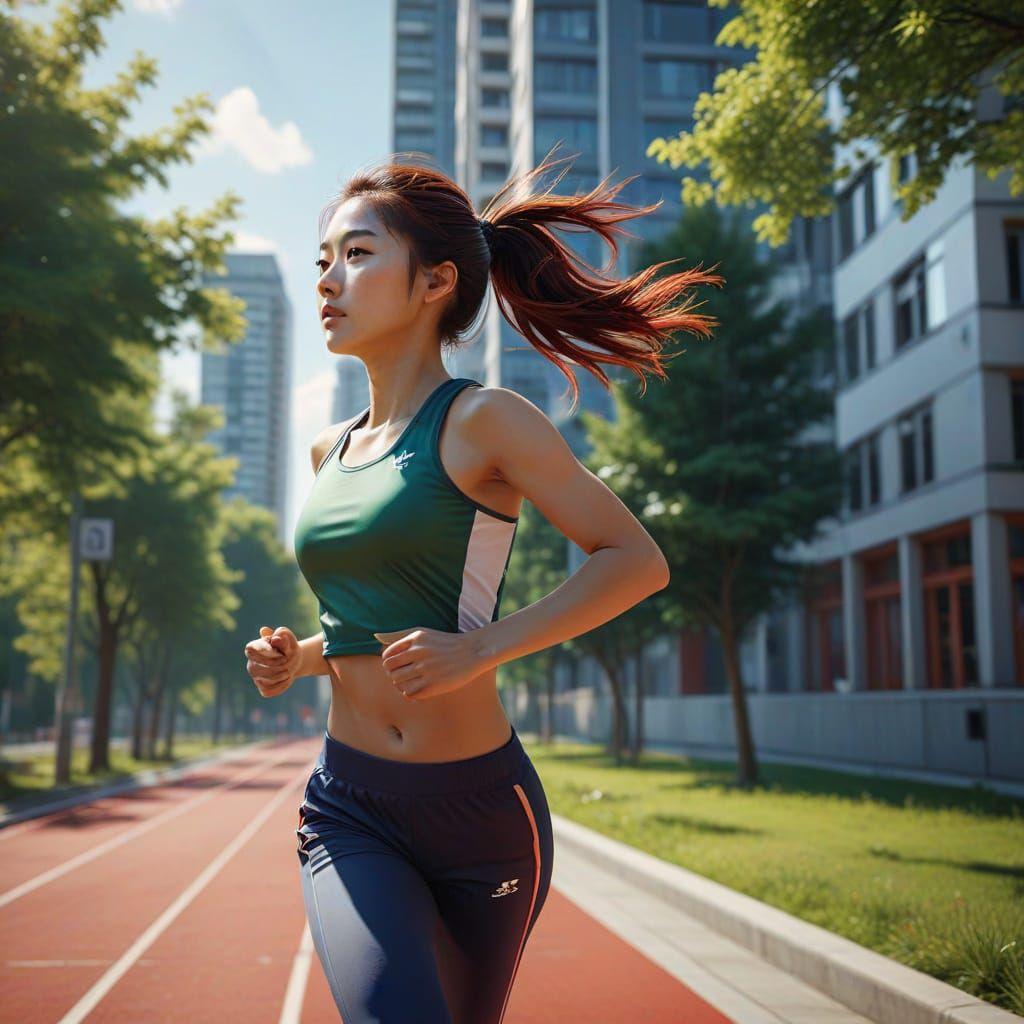 Korean High School Girl Jogging on Track in Photorealistic S...