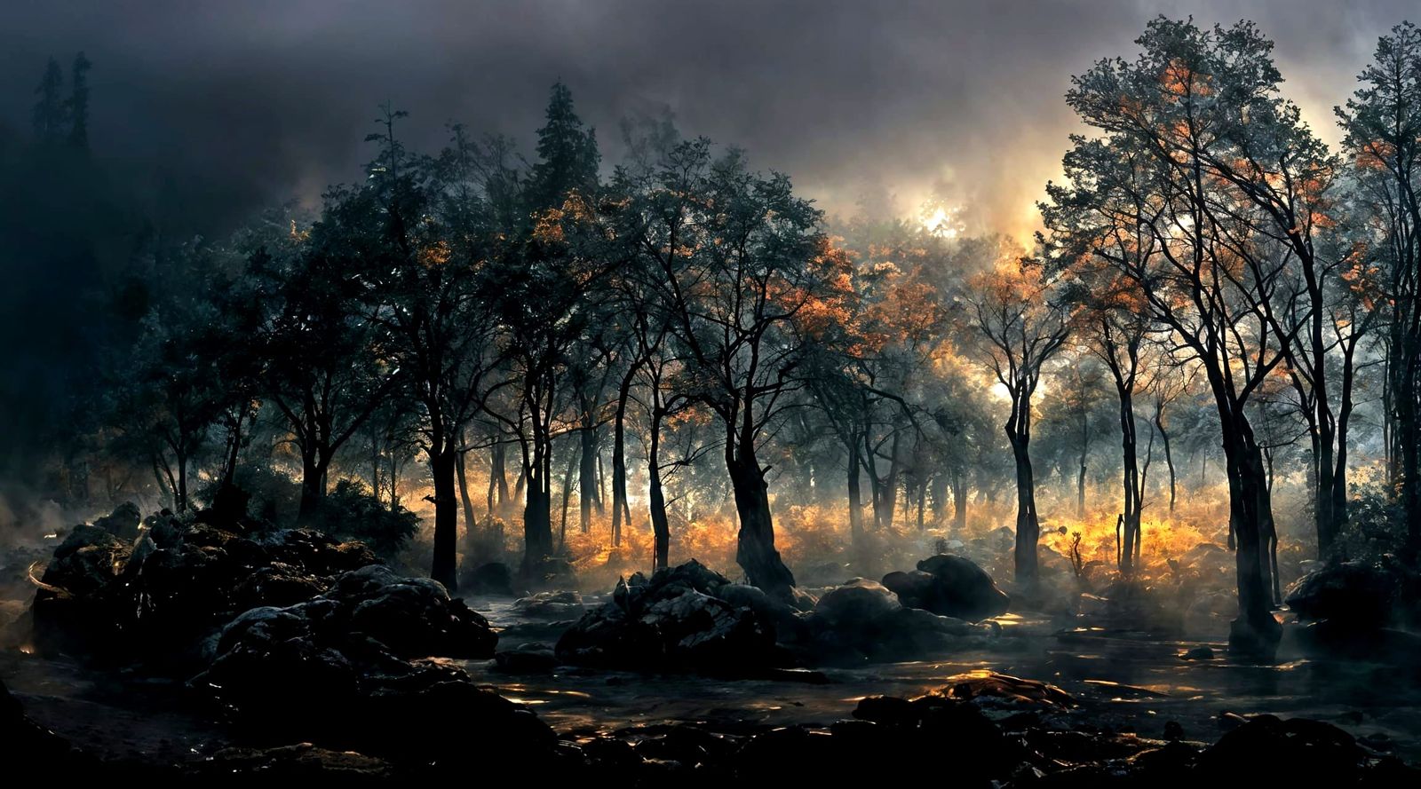 Eerie Foggy Forest Landscape Oil Painting