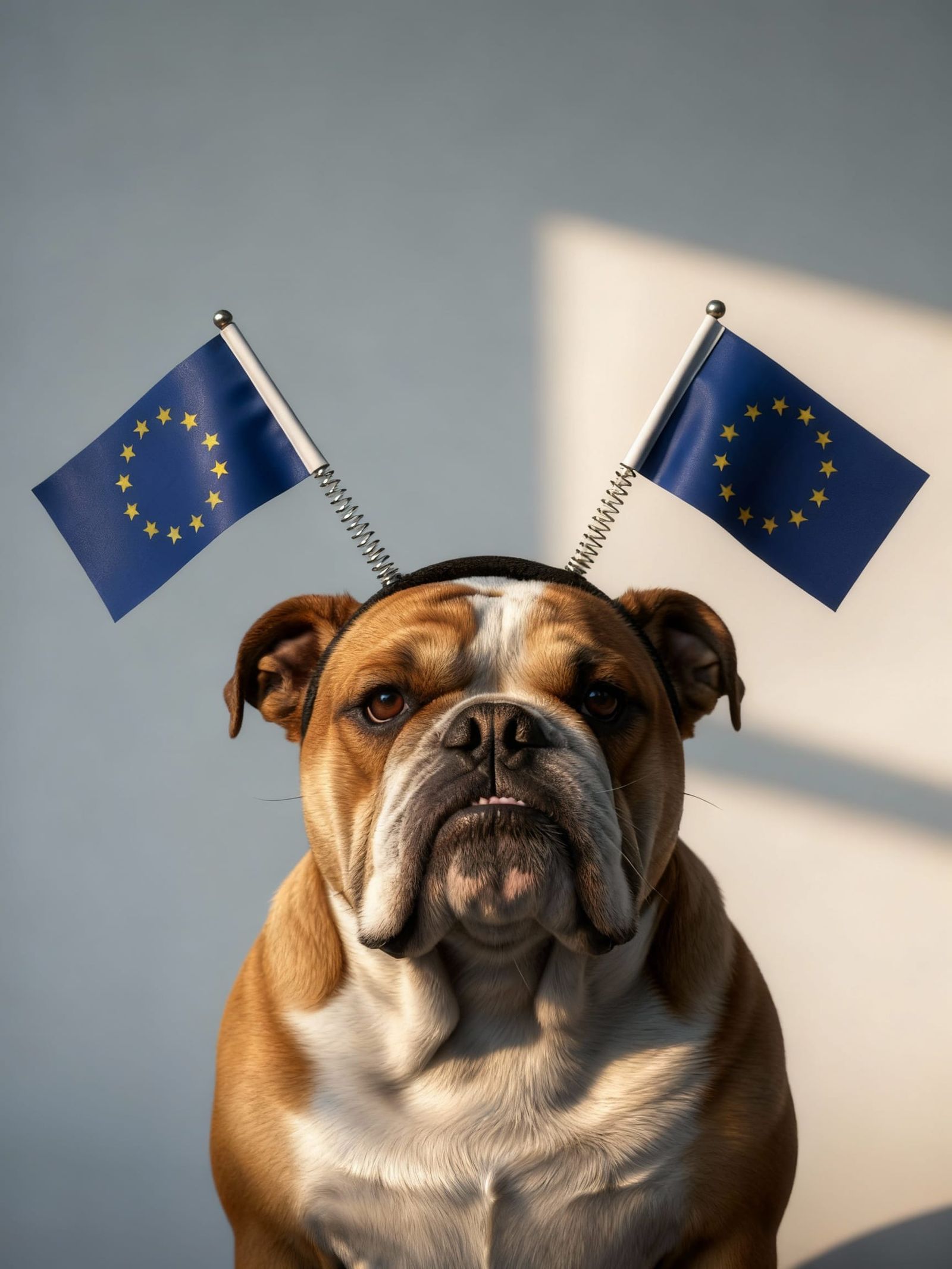 British Bulldog Portrait with EU Flag Head Boppers