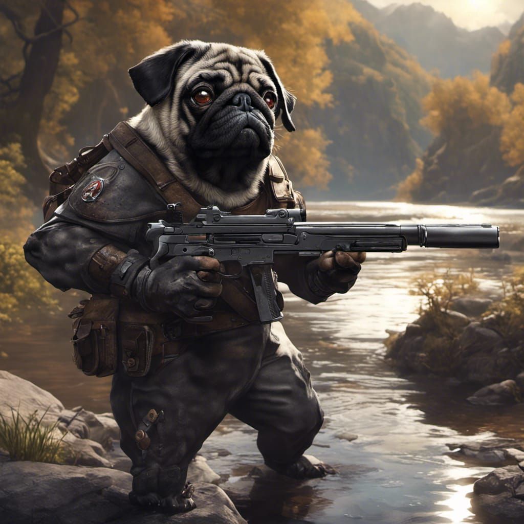 Pug Humanoid with Gun: Dark Fantasy Concept Art