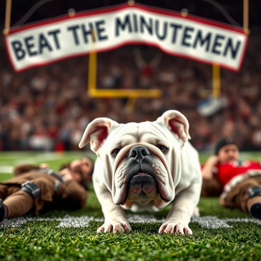 Bulldog Sniffs Minutemen on Football Field