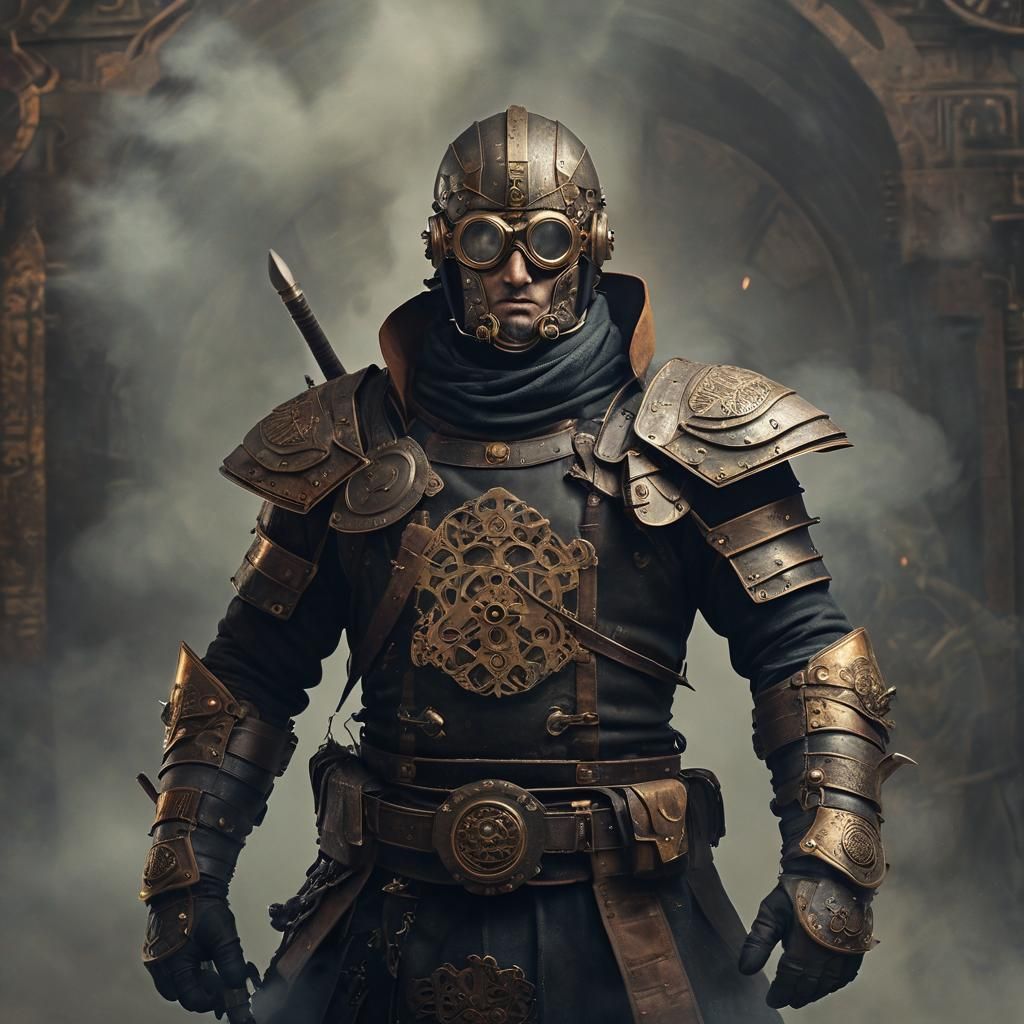 Steampunk Russian Warrior with Sword in Dramatic Lighting