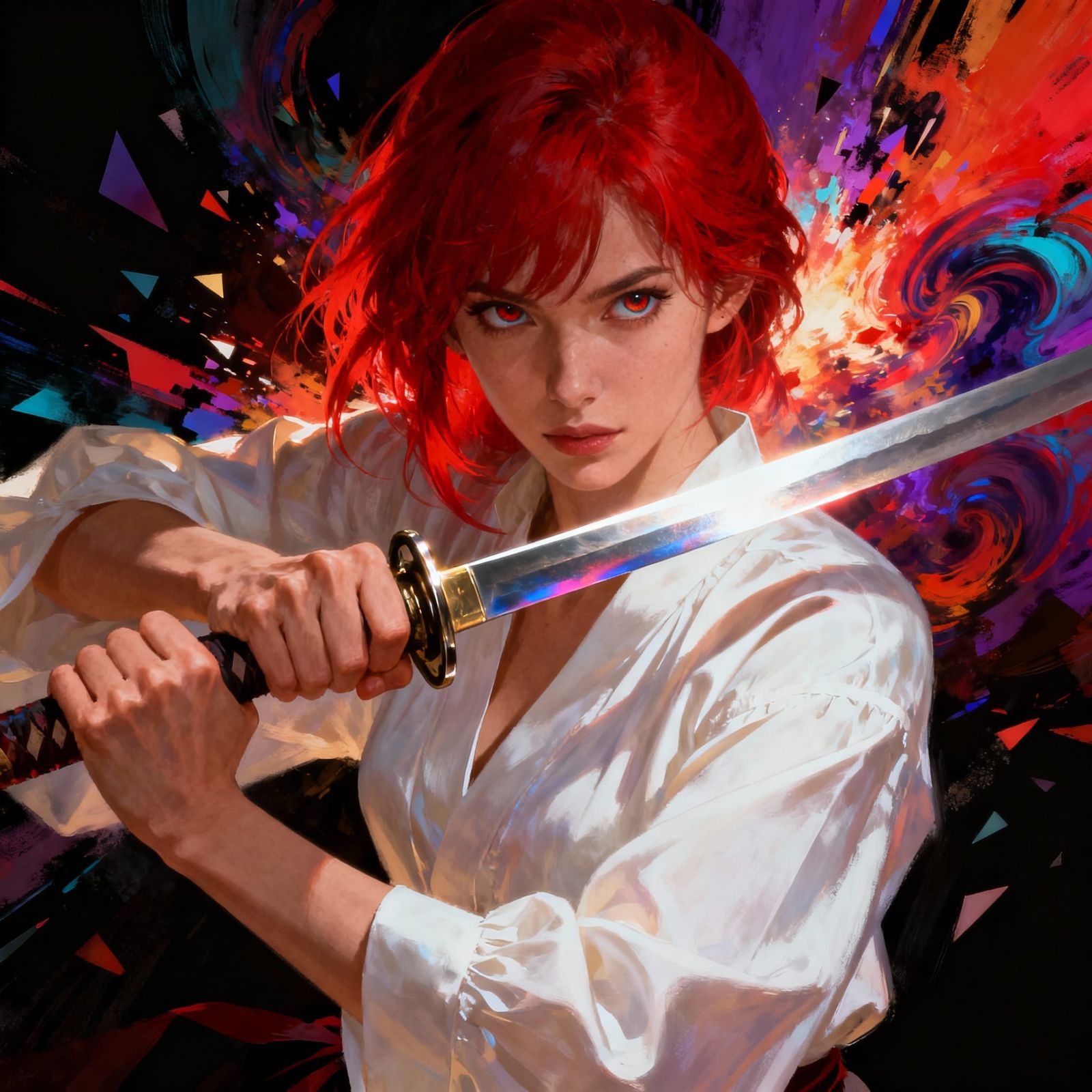Red-Haired Warrior with Katana in Swirling Colors