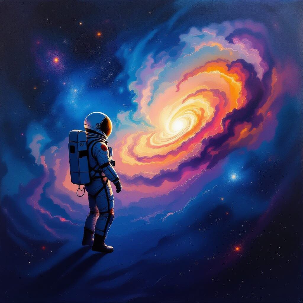 Astronaut Contemplating Cosmic Nebula in Expressive Style