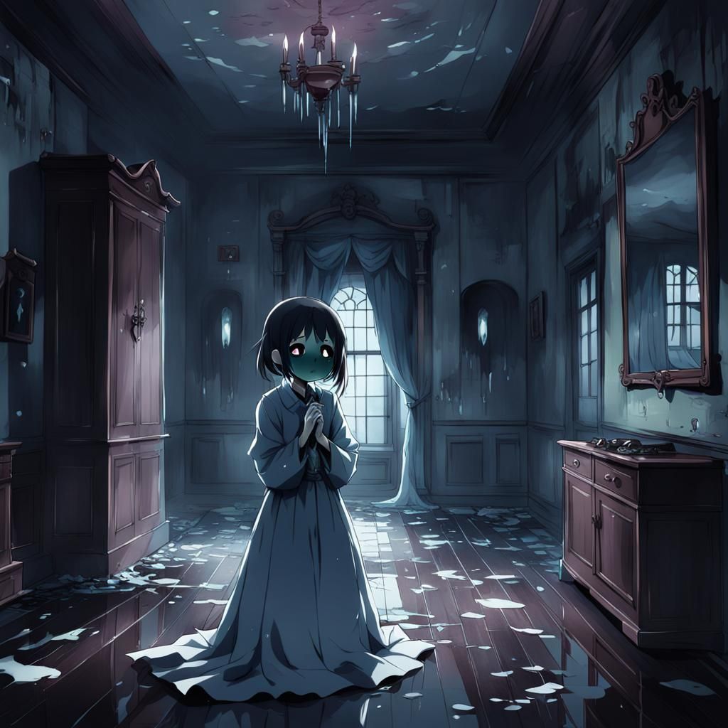 Crying Ghost Girl in Anime Style Mansion