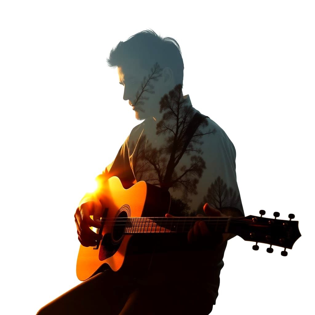 A Guitarist Silhouetted Against a Golden Hour Composition of...