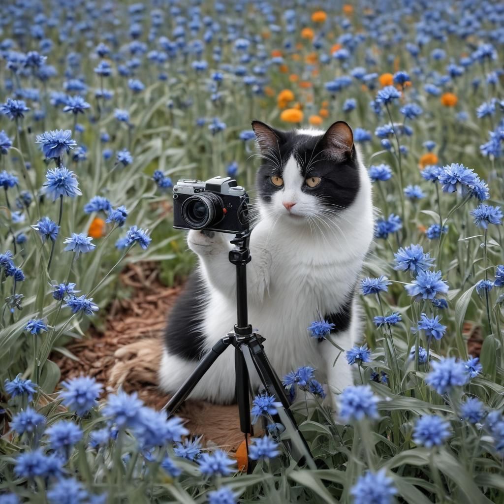 Cat Photographer Captures Mouse in Cornflower Field