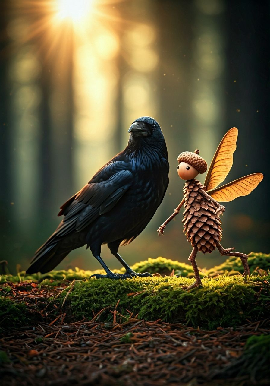 Enchanted Forest Fairy Creature with Crow in Autumn Sunrise ...