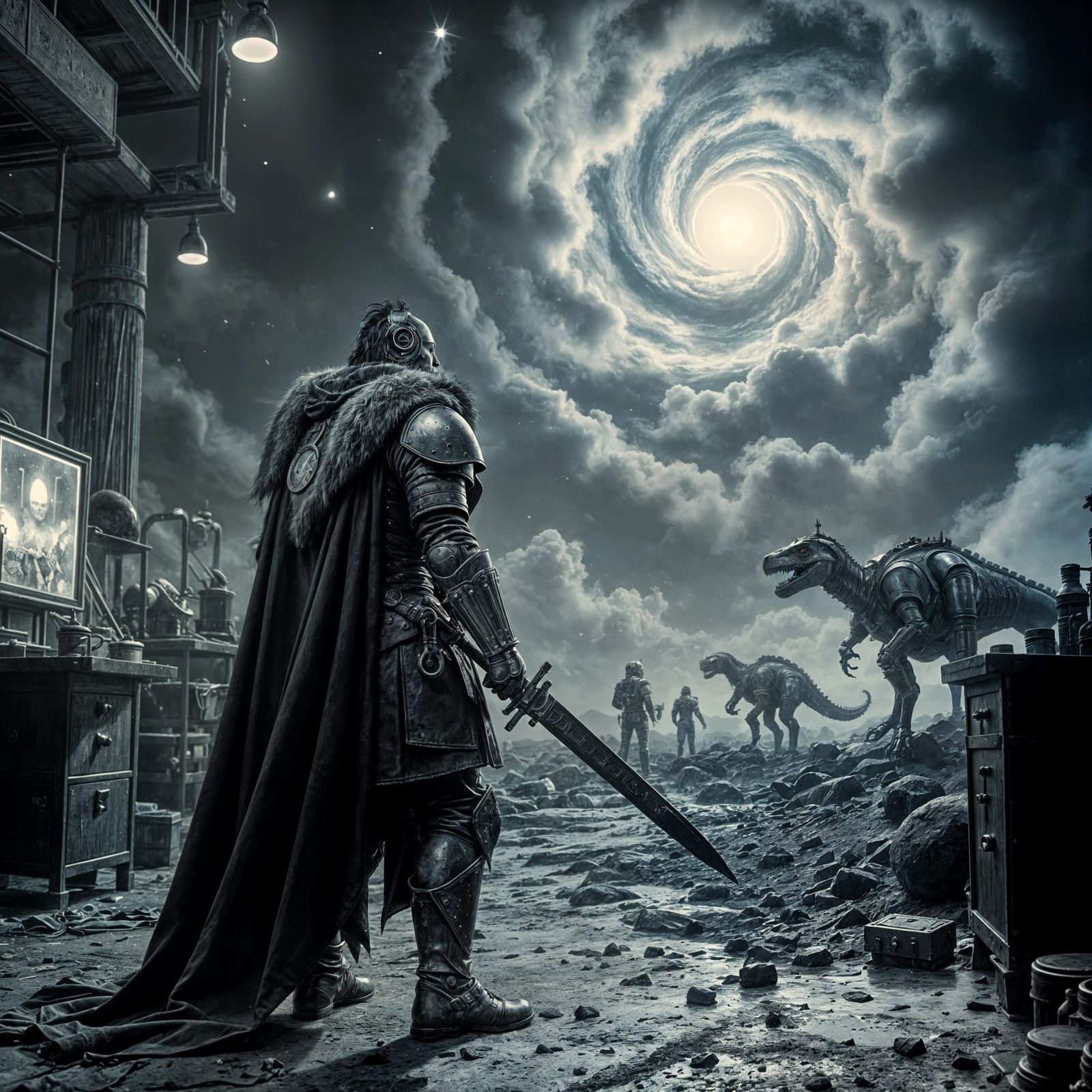 Viking Warrior in Desolate Lab Under Nebulae Sky