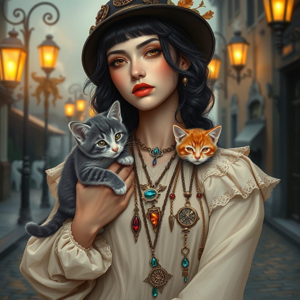 Victorian Woman with Kittens, Digital Art