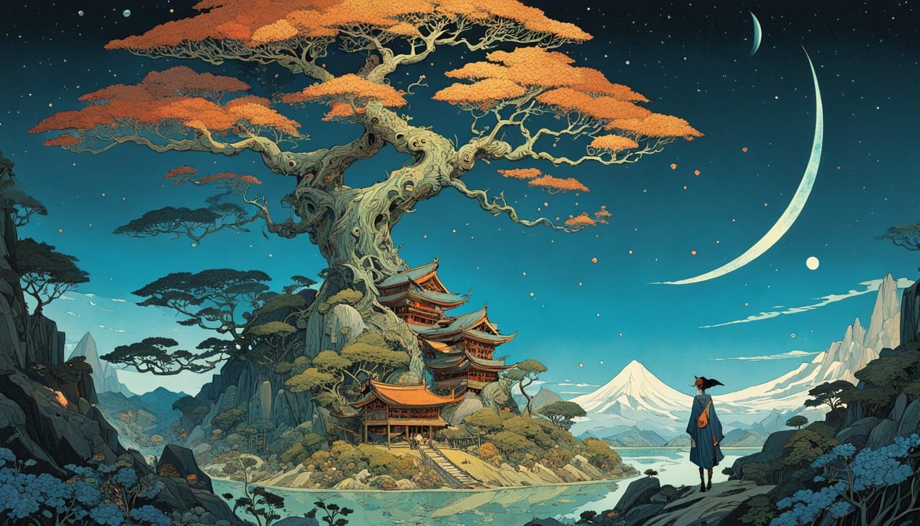 Mysterious World Landscape with Flowers and Blue Lake