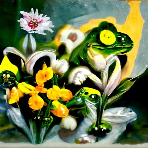 Frogs and Flowers in Oil Painting Style
