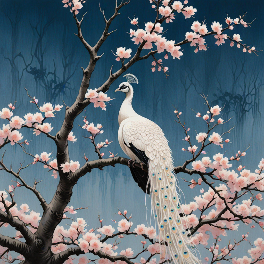 Ethereal Albino Peacock Amidst Sakura Blossoms in Traditiona...