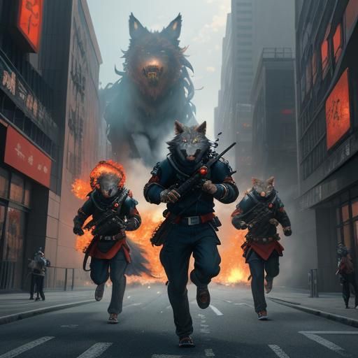 Fire Wolves Run Through City: 3D Anime Art
