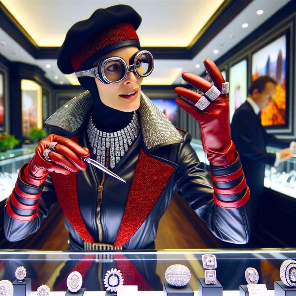 Sultry Thief in Black and Red Leather Ensemble