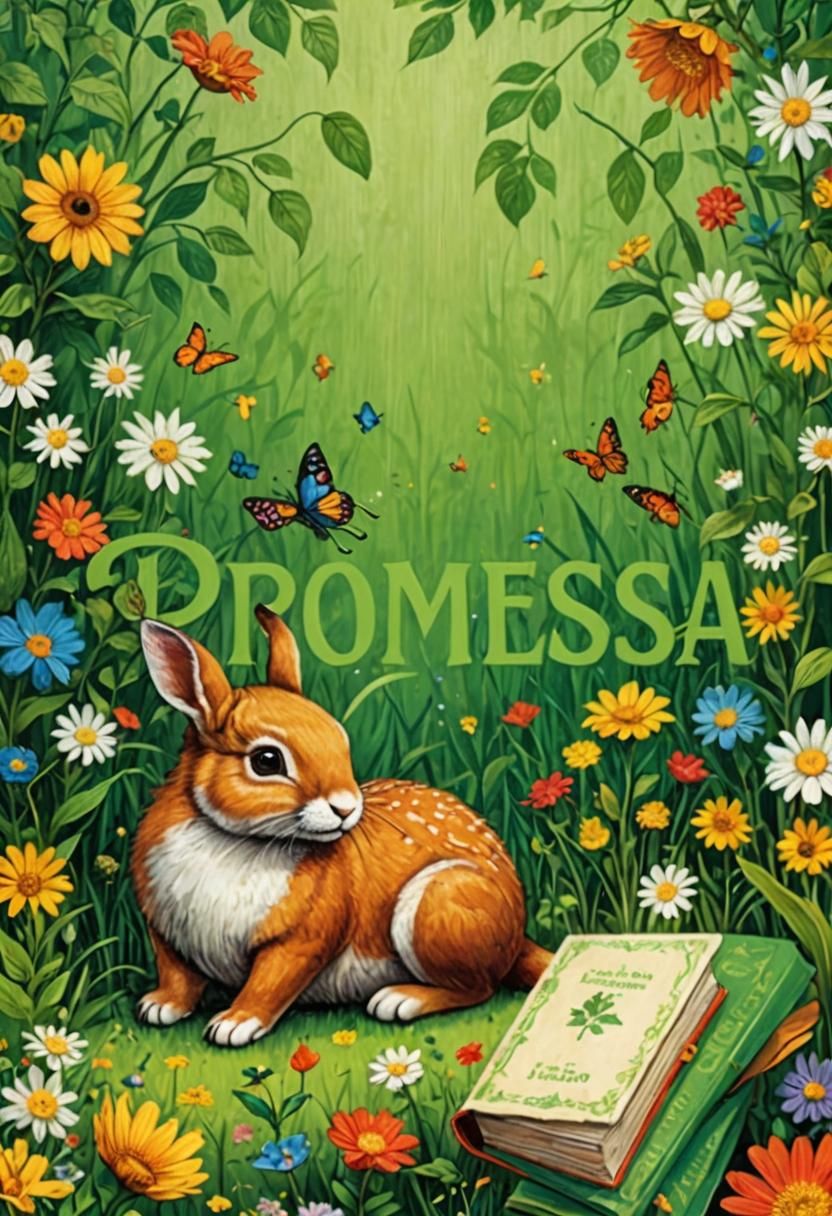 Rabbit Leaping Over a Word on Green Floral Background