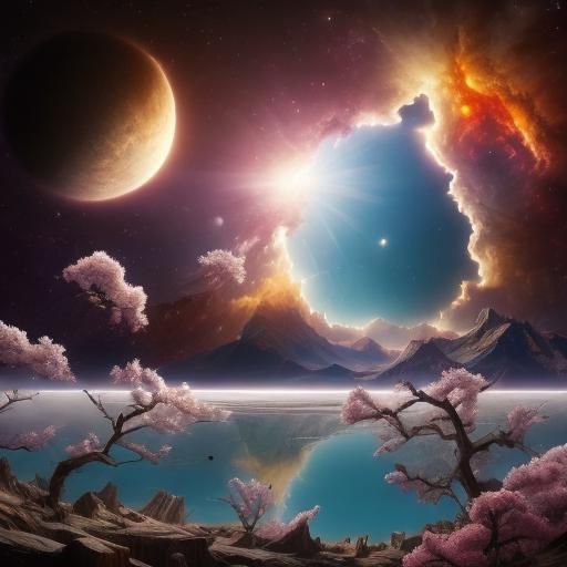 Sakura Tree with Nebulas and Japanese Temples