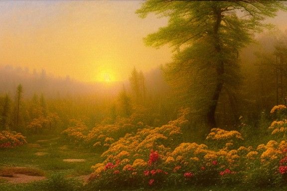 Sunrise Over Forest of Yellow Shrubs: Landscape Painting