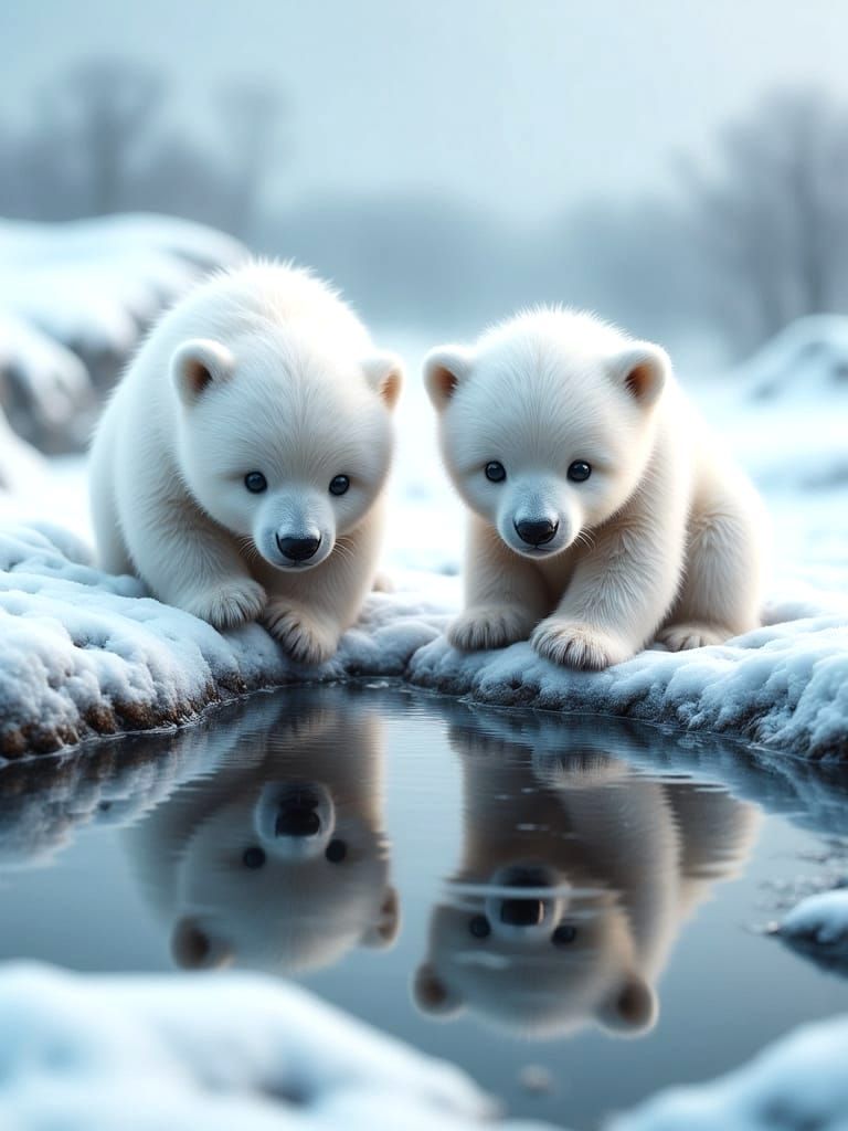Hyperrealistic Polar Bear Cubs in Snowy Landscape