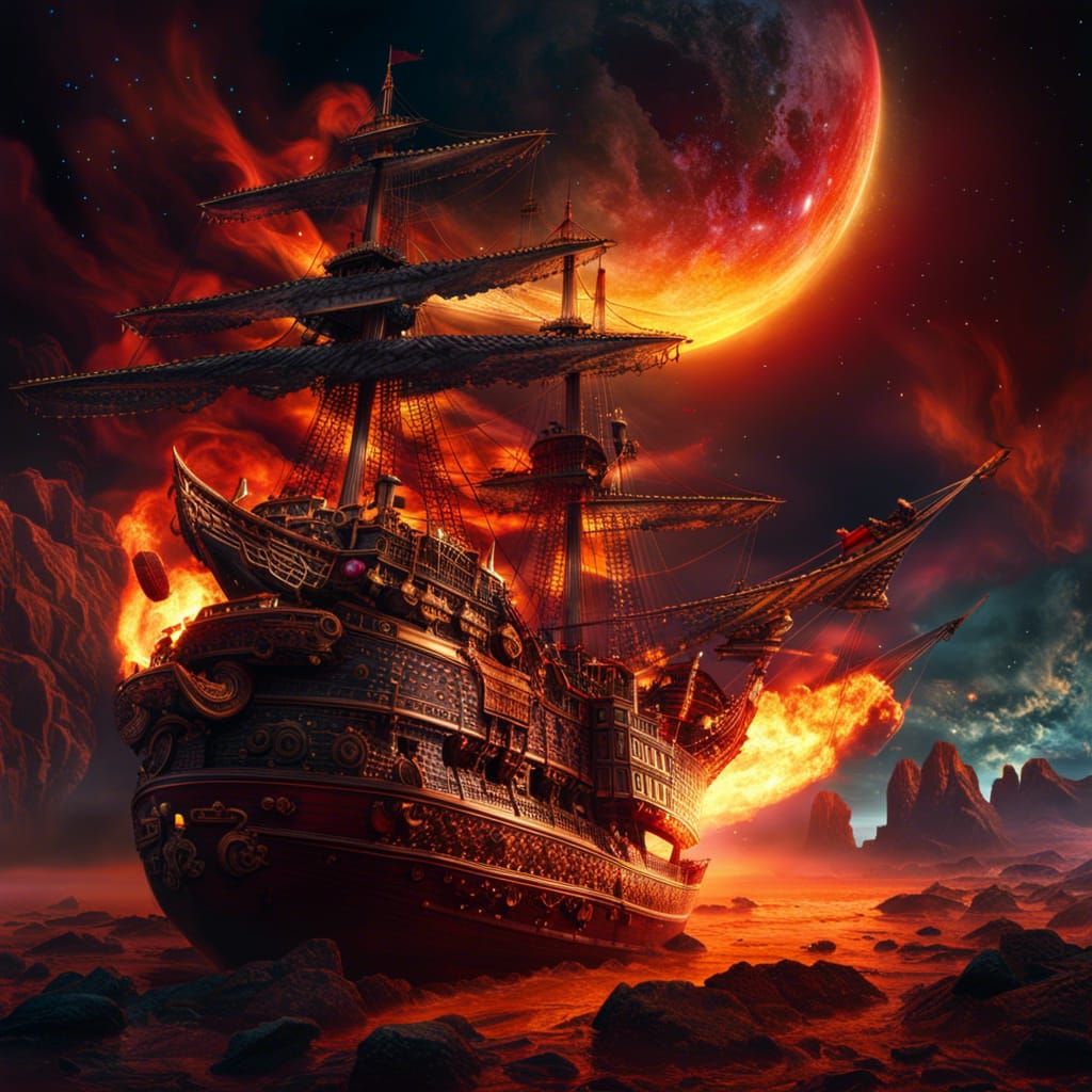 Flaming Pirate Ship Soaring Through Space