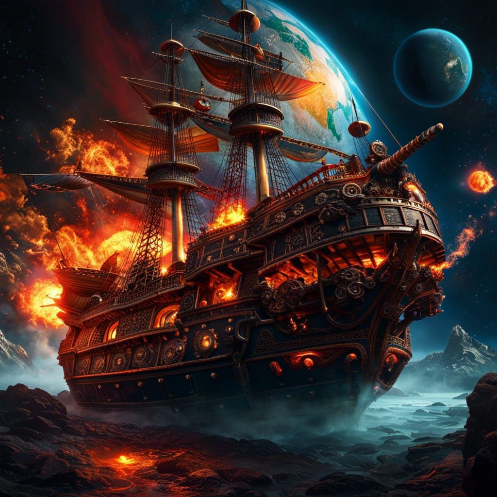 Flaming Pirate Ship Soaring Through Space