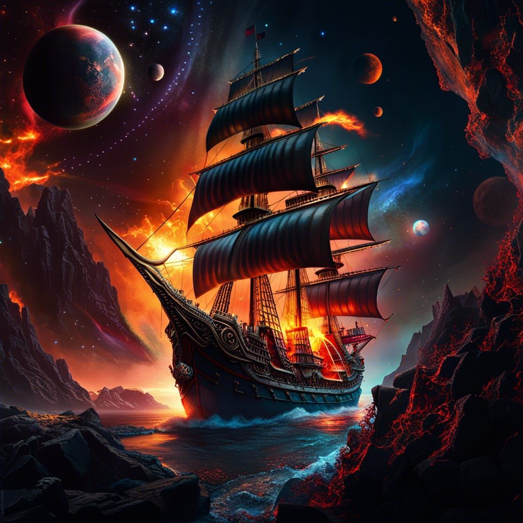 Flaming Pirate Ship Soaring Through Space