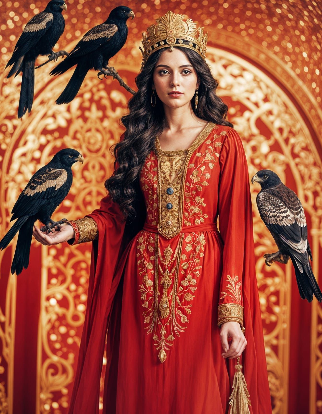 Woman with Falcon in Art Nouveau Style