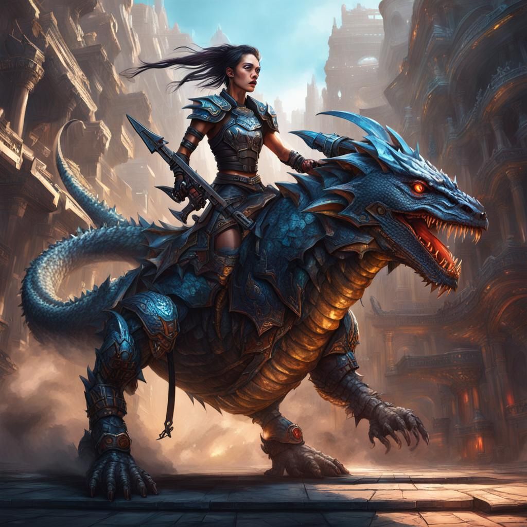 Cyberpunk Gladiator Riding Dragon