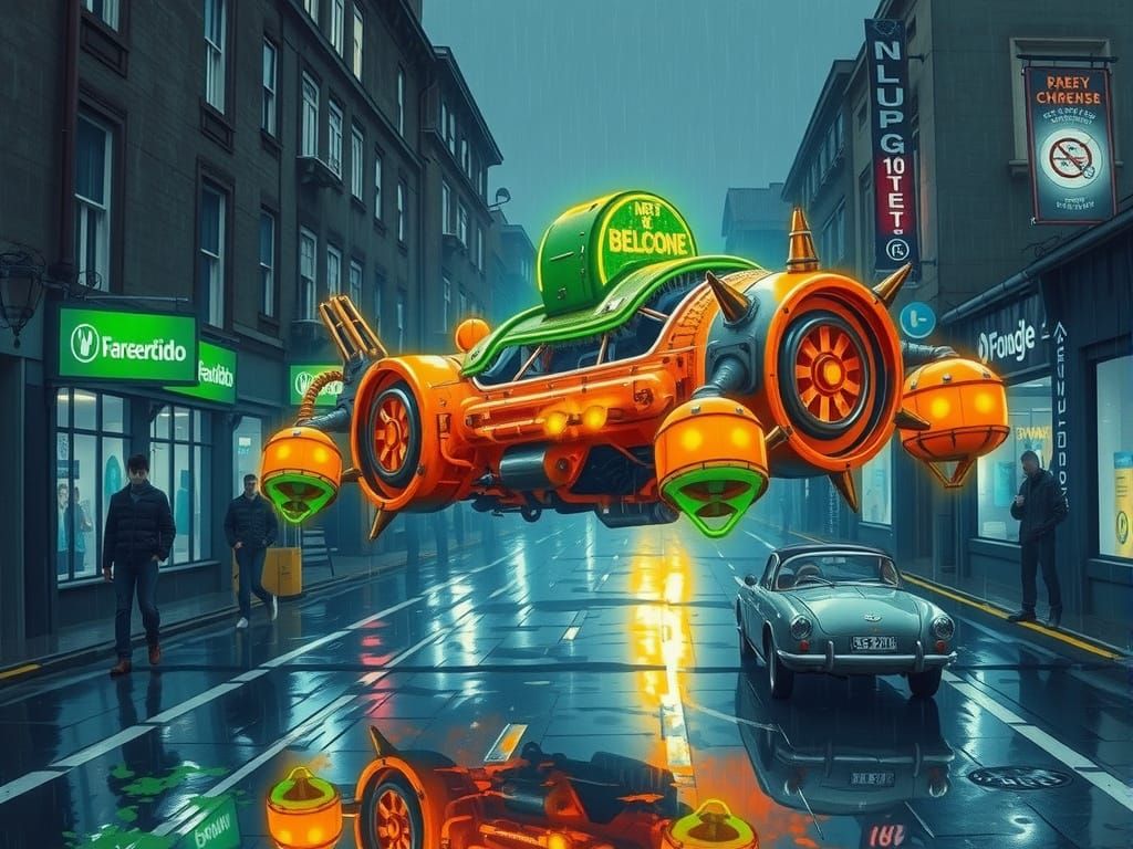 Steampunk Spaceship with Neon Lights in Watercolour Style