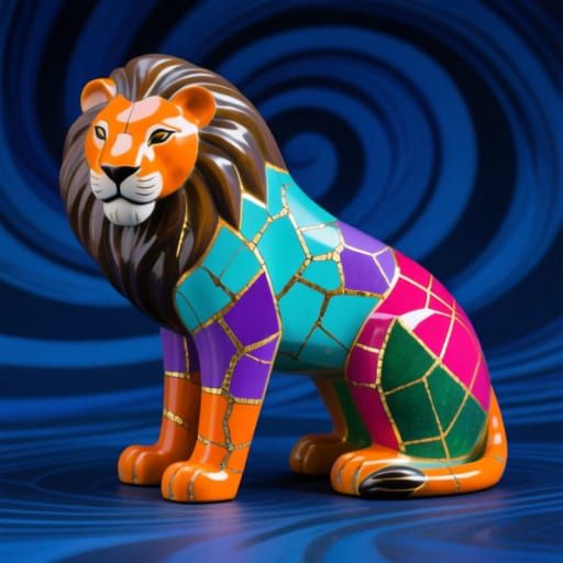 Intricate Mosaic Lion Figurine in Kintsugi Style