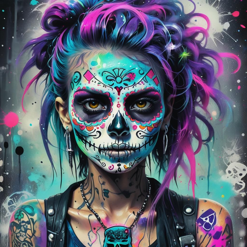 Cyberpunk Sugar Skull Portrait in Neon Ink Splatter