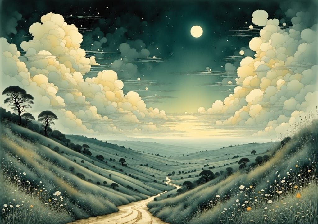 Dreamy Dusk Landscape with Winding Road in Poetic Abstractio...